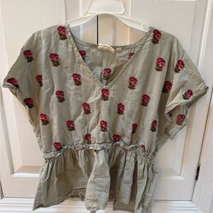 Anthropologie Sage Green Peplum Top with Pink Floral Embroidery